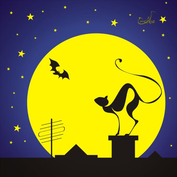 Коты и Луна на крыше