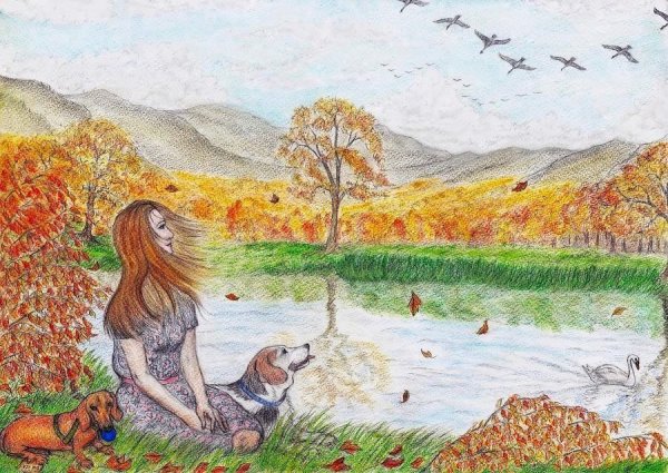 Осенняя картина карандашом