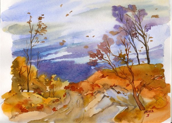 Изо пейзаж в теплых тонах акварель