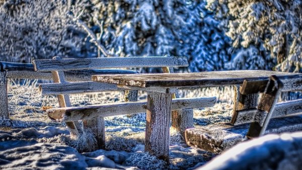 Зимний пейзаж со скамейкой