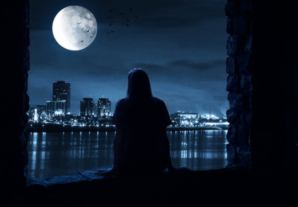 Ночь Луна крыши домов