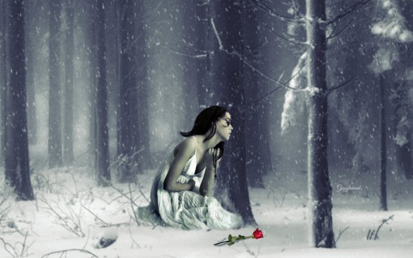 Одинокая девушка под снегом