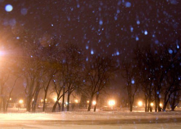 Снегопад ночью в городе
