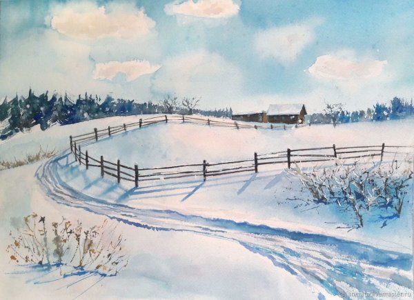 Акварель деревня зимой