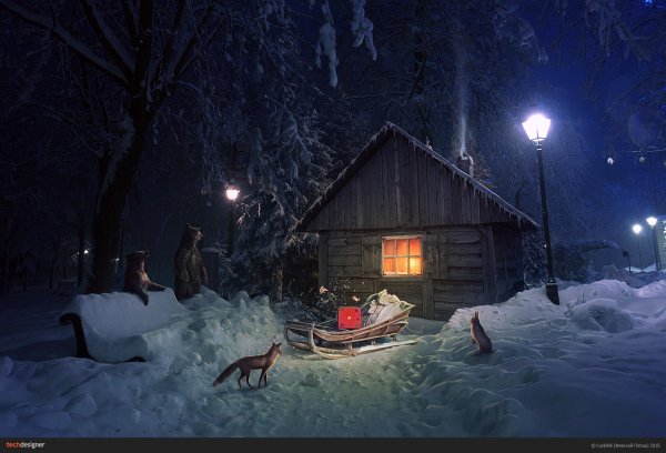 Зимний домик ночью