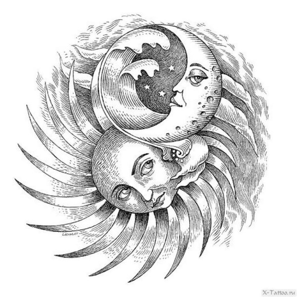 Тату солнце и Луна эскиз