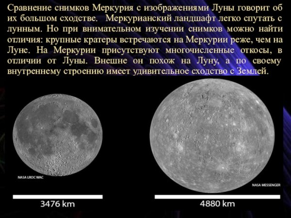 Размер Луны и Меркурия сравнение