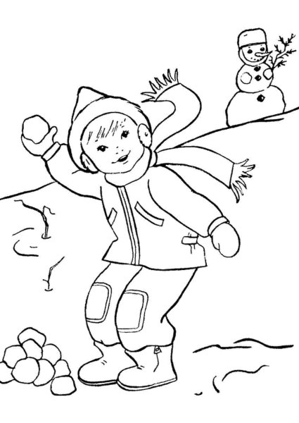 Дети зимой раскраска