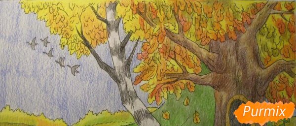 Золотая осень цветными карандашами