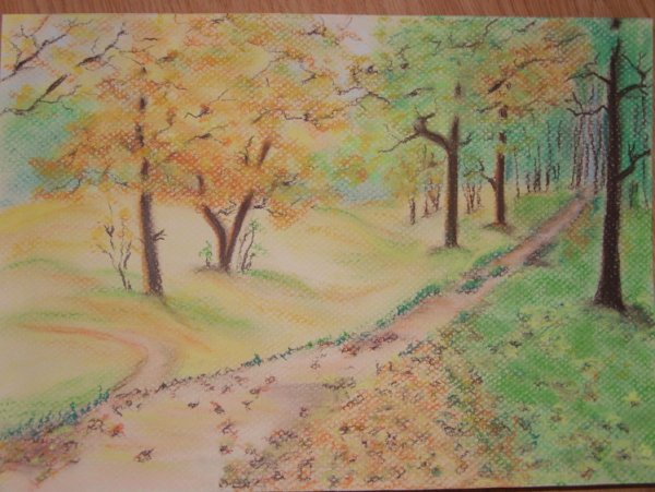 Осенний пейзаж цветными карандашами для детей