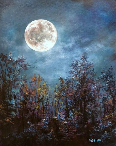 Пейзаж с луной живопись