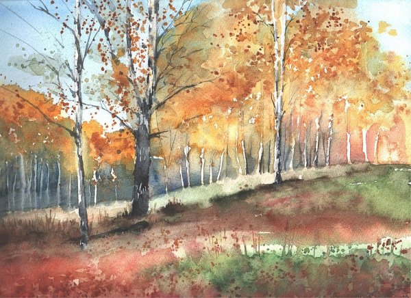 Осенний лес акварелью