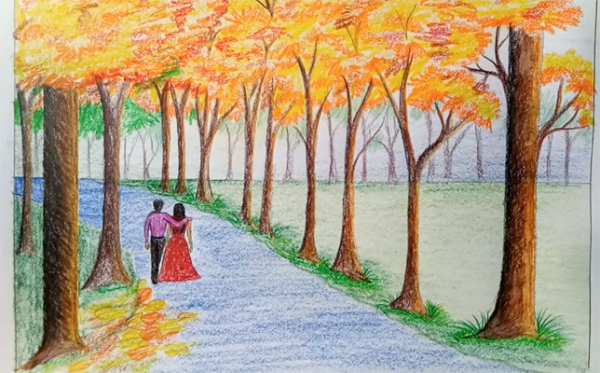 Осенний пейзаж цветными карандашами