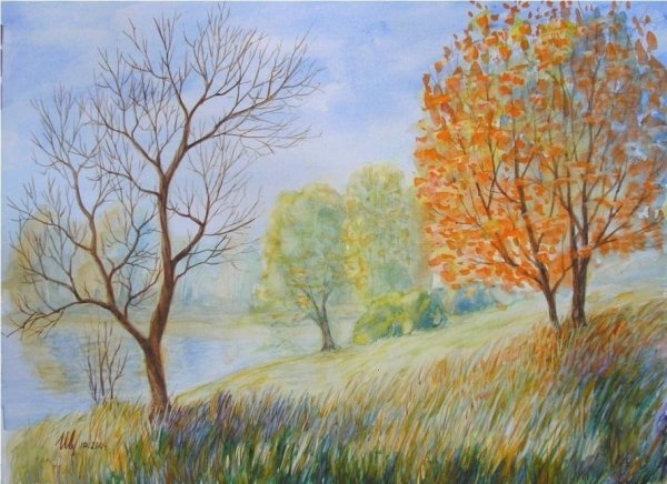 Осенний пейзаж цветными карандашами