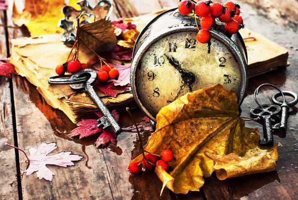 Часы в листве осень