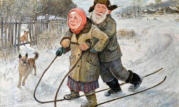 Бабушка с дедушкой на санках