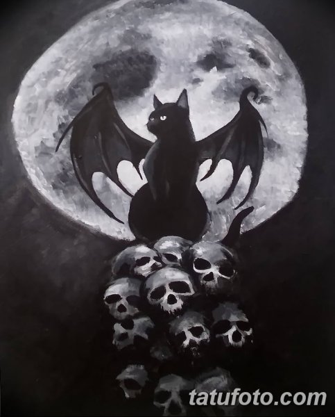 Тату кот с крыльями летучей мыши