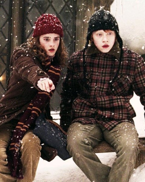 Гарри Рон и Гермиона зимой