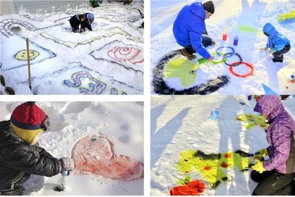 Рисунки на снегу красками