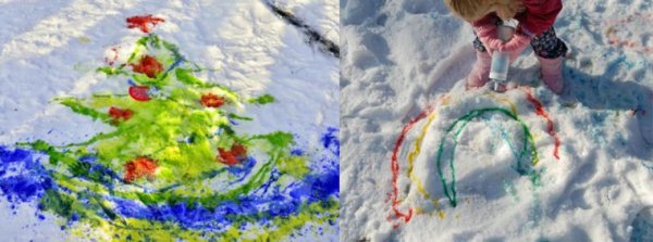 Рисование на снегу цветной водой