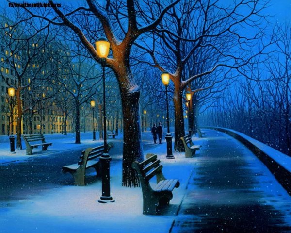 Зимний парк с фонарями