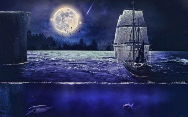 Ночь Луна корабль море