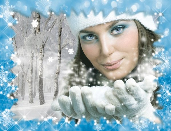 Падают снежинки на девушку