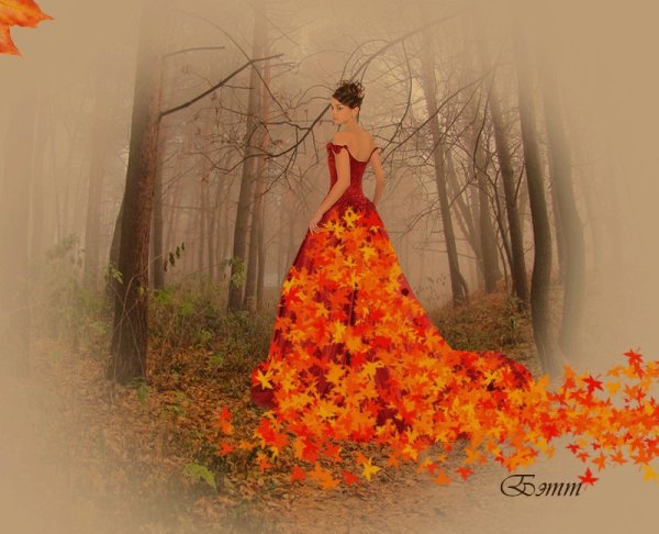 Дама в платье из осенних листьев