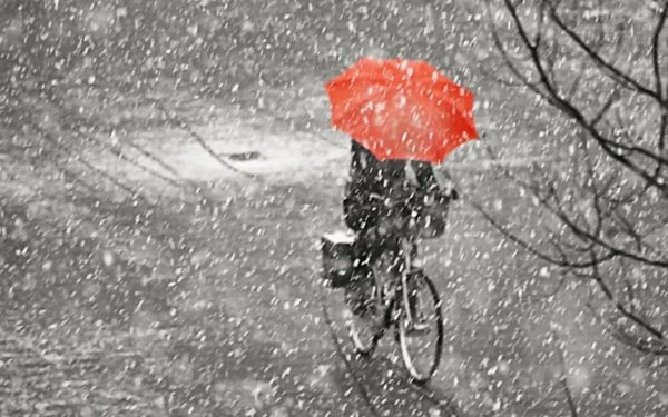 Красный зонт снег