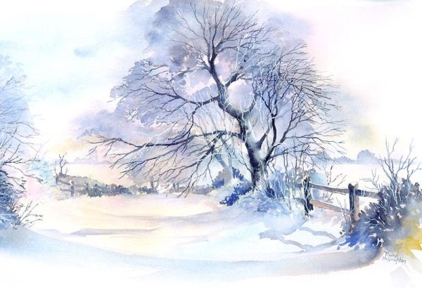 Снежный пейзаж акварелью
