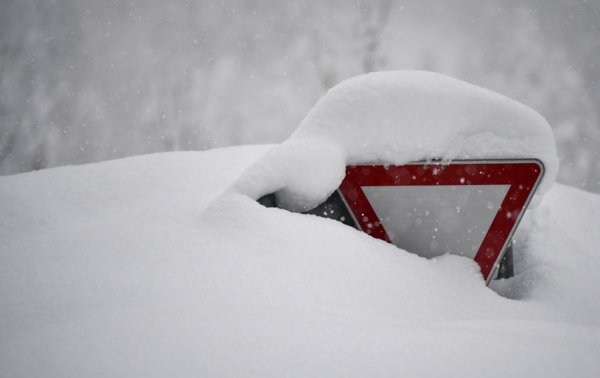 Заснеженный дорожный знак