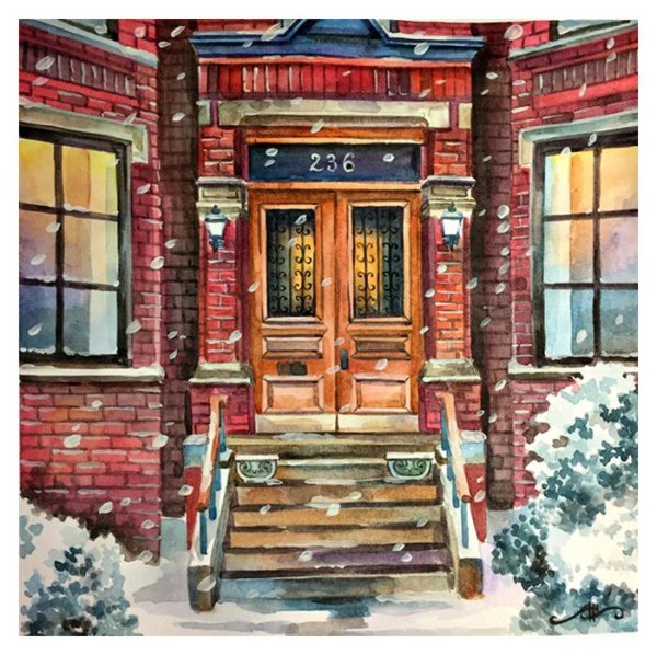 Зимнее крыльцо акварелью