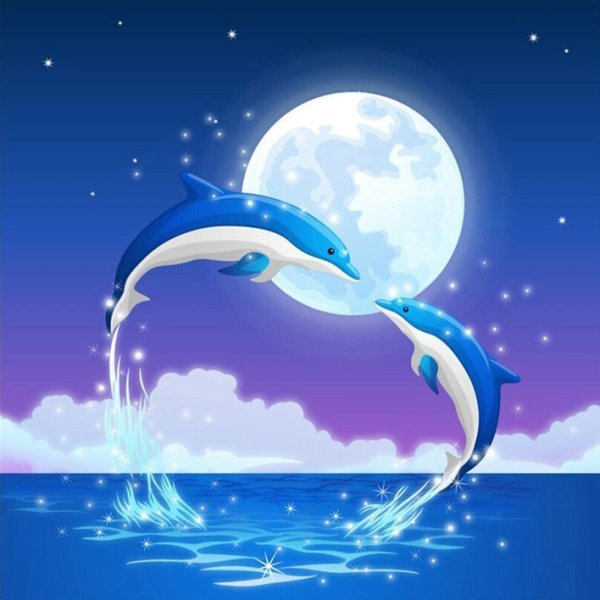 Алмазная вышивка 2 дельфина под луной в форме сердца
