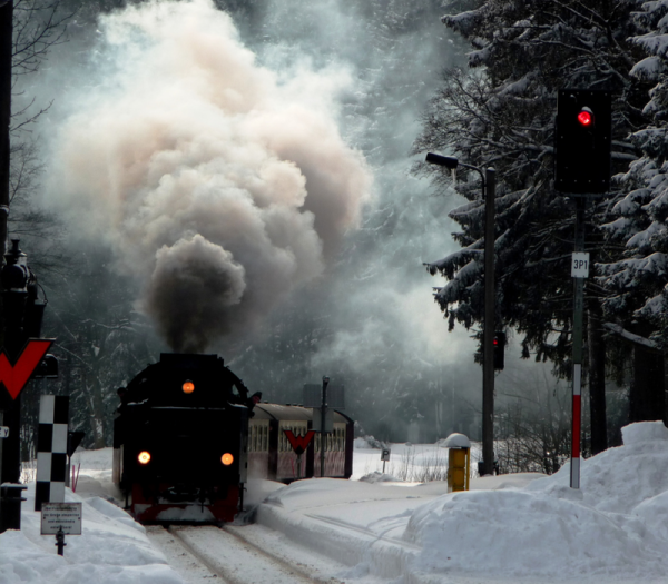 Паровоз зимой в лесу