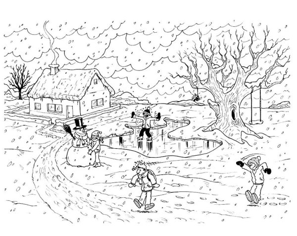 Двор зимой раскраска