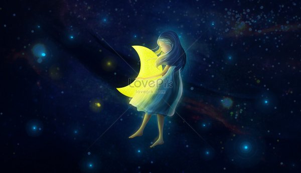 Луну обнимает девушка иллюстрация