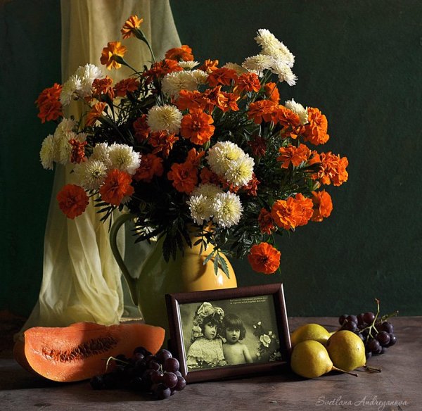 Натюрморт хризантемы бархатцы астры