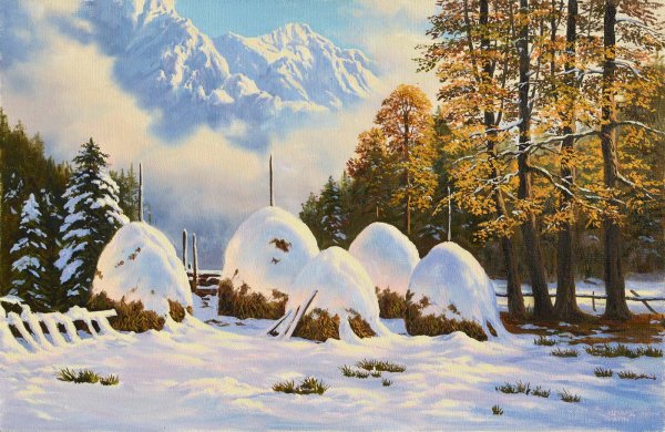 Зимний пейзаж со стогами