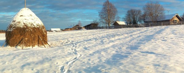 Зима в деревне стог сена