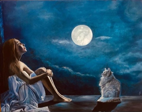 Девушка и Луна живопись