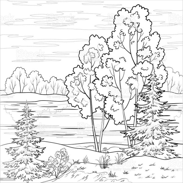 Осенний лес и река раскраска