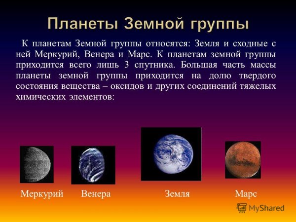 16. Планеты земной группы: Меркурий, Венера, Марс.