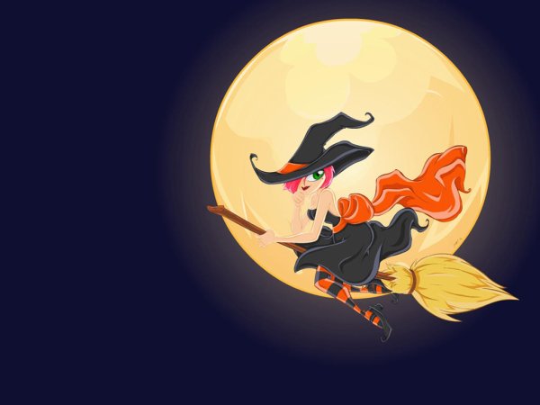 Ведьма на метле на фоне Луны