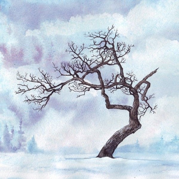 Деревья зимой акварелью