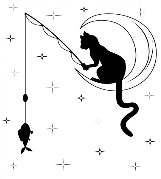Кот сидящий на Луне с удочкой