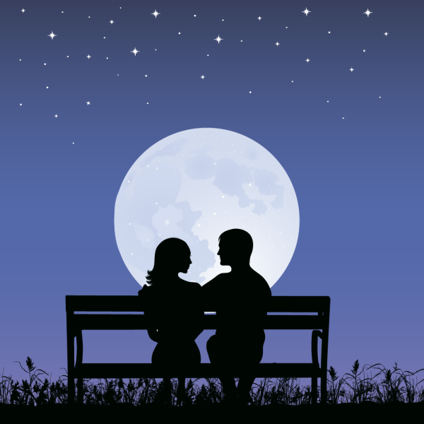 Влюбленные под луной на скамейке