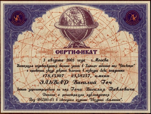 Шуточный сертификат на звезду