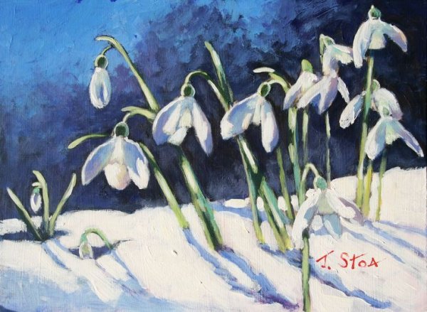 Картина Весна первоцветы в снегу