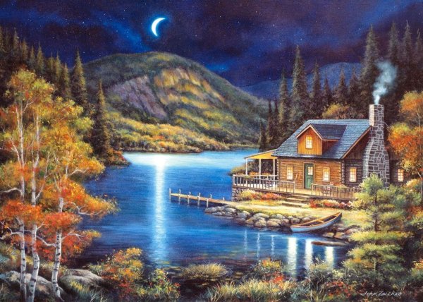 Домик у озера живопись
