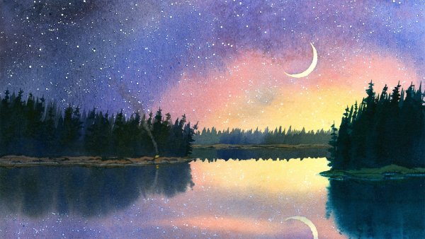 Ночное небо с луной акварелью